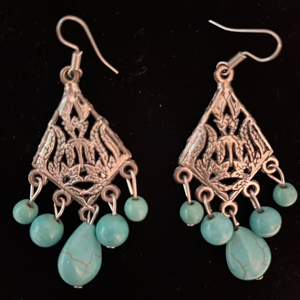 Earrings dangling long turquoise stone triangular shape silver tone metal design - Picture 3 of 9